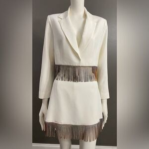 Gianni Bini White Blazer and Skirt Set with Silver Accents
